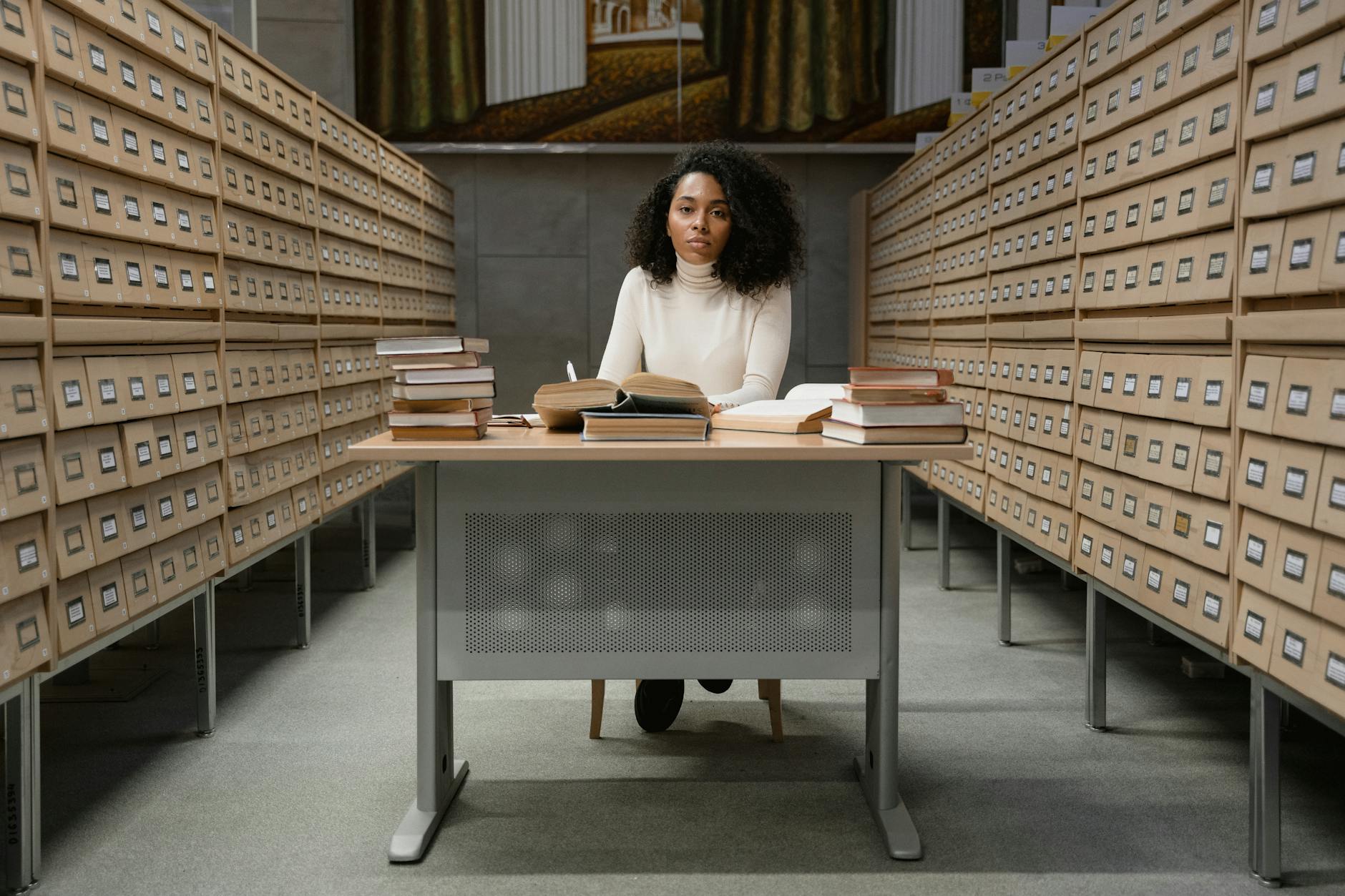 Femme noire assise à un bureau aux archives. Photo de Tima Miroshnichenko sur Pexels.com